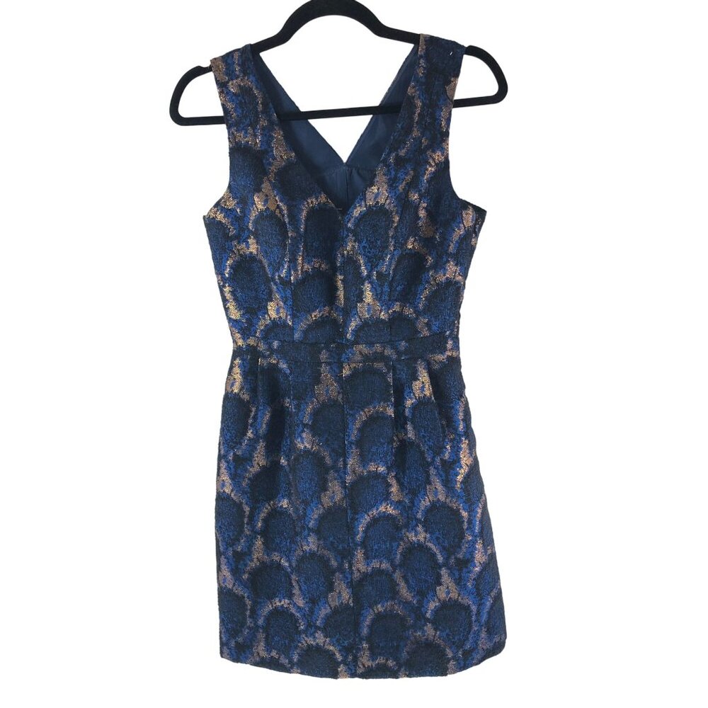 J Crew Peacock Jacquard Dress Sleeveless V Neck Pleated Lined Blue Gold 0